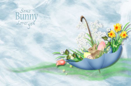 Some Bunny Loves You - clouds, pretty, rabbit, yellow, blue, spring, love, pink, bunny, flowers, white, umbrella, green, cute, pastels, sky