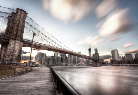 the wonderful brooklyn bridge from brooklyn waterfront hdr - clouds, river, hdr, waterfront, city, bridge