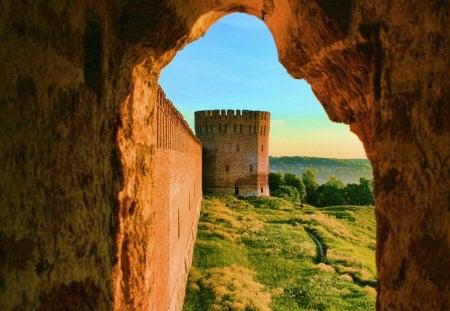 fortress wall through a portal - fortress, portal, grass, wall