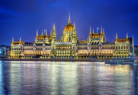 fantastic government building in bulgaria hdr - building, reflection, river, hdr, palace, lights