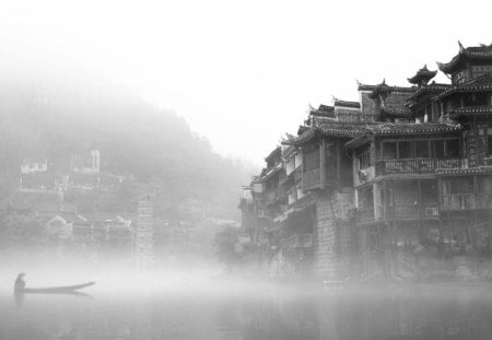 ancient chinese town on a misty river - river, gray scale, town, boat, mist