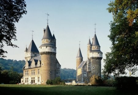 lovely castle - bridge, castle, towers, trees