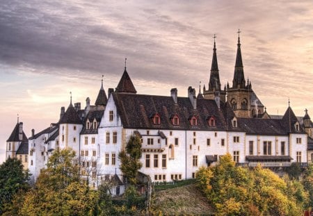 beautiful monastery on a hill top - hill, monastery, trees, clouds, towers