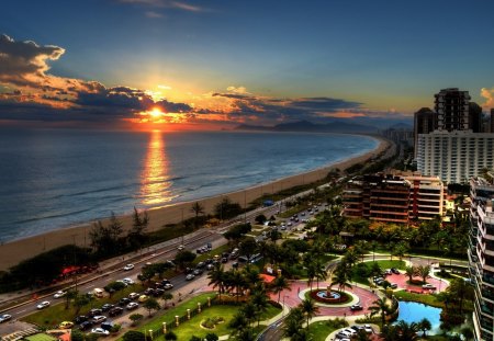 beautiful seaside city at sunset - clouds, beach, city, sunset, sea