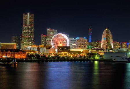 amazing city waterfront - ship, ferris wheel, city, night, waterfront, lights