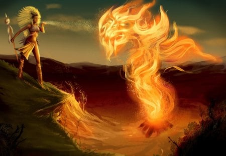 Spirit of the dragon - sorceress, spirit, native, girl, flame, orange, skull, creature, witch, fantasy, dragon, fire, woman