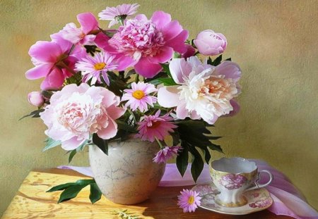 Peonies in vase - still life - vase, spring, saucer, pink, still life, blooming, peonies, flowers, nature, porcelaine, scent, arrangement, floral, cup