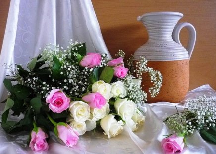 Pink and white roses - white, ceramic, bowl, roses, pink, flowers, vase, nature