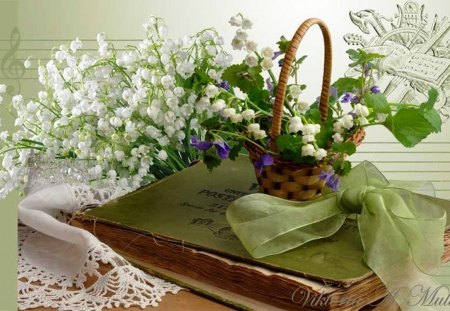 Lily  of the valley - artist, photography, basket, book, still life, spring, white, art, abstract, purple, lily of the valley, violets, flowers, photograph, small