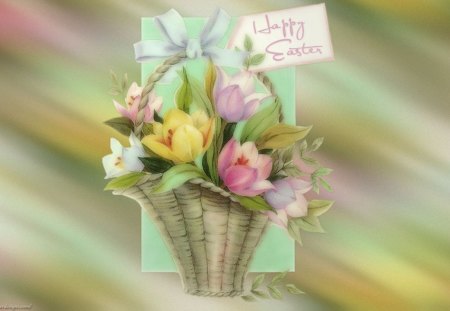 Floral Basket - pretty, yellow, eatser, blue, spring, pink, happy, easter, flowers, purple, holiday, ribbon, beautiful, lovely, bouquet, white, green, floral, baskets, pastels