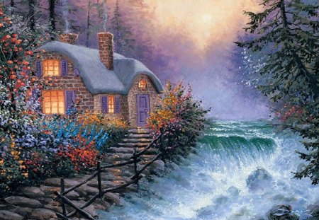 Waterfall Cottage - stairs, cottage, trees, water, colorful, waterfall, mist, creek, painting, yellow, pretty, green, painted, house, plants, nature, forest, blue, beautiful, pink, flowers