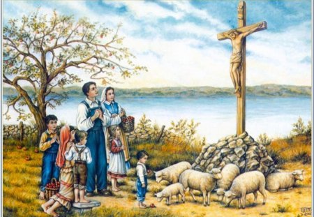 Easter family - easter, people, cross, lamb, family