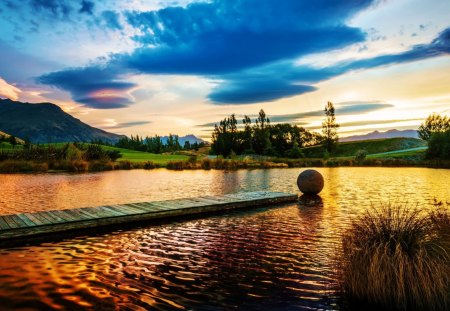 Pier at the Pond - sky, water, reflection, landscape, clouds, sunset