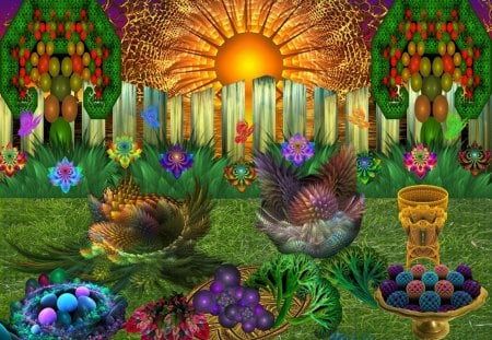 **Happy Apo Picnic** - sun, animals, colorful, shine, florals, spring, tray, amazing, cool, digital art, grass, picnic, light, blooms, glow, holidays, happy, beauty, trees, release, basket, wonderful, fabulous, pretty, cute, butterflies, vegestables, fractals art, fruits, incredible, summer, lovely, plants, collages, bright, apophysis, sharp, blossom, flowers, colors