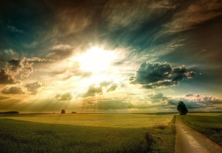 Beautiful Sky - clouds, nature, beautiful, fields, road, grass, sky