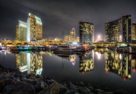 reflection in a city marina - lights, reflection, city, marina, night