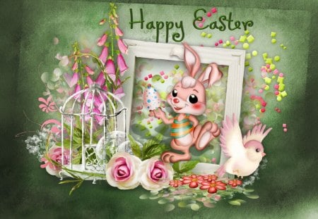 Happy Easter - pretty, bird cage, roses, rabbit, birds, yellow, spring, pink, bunny, happy, easter, flowers, white, green, cute, ribbons