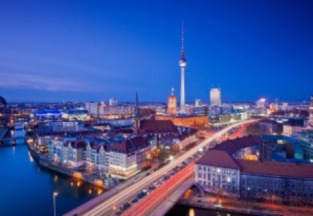 magnificent cityscape at night - tower, lights, river, city, bridges, night