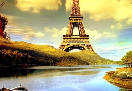 Eiffeltower - river, clouds, Windmill, boat