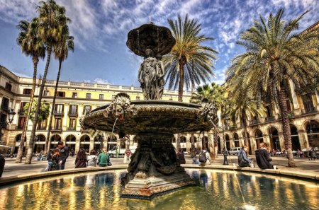 beautiful fountain in a town square hdr - square, trees, fountain, town, hdr, statue