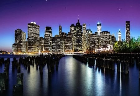 New York - night time, Manhattan, river, Skyscrapers