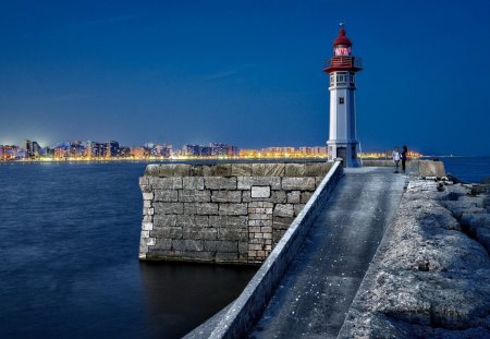 wonderful lighthouse across from the city - lighthouse, lights, city, bay, pier