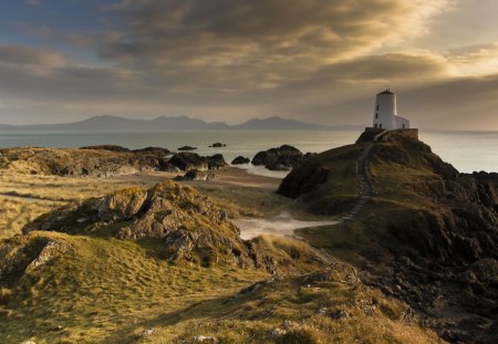 dreamy lighthouse - lighthouse, rocks, clouds, sea, steps