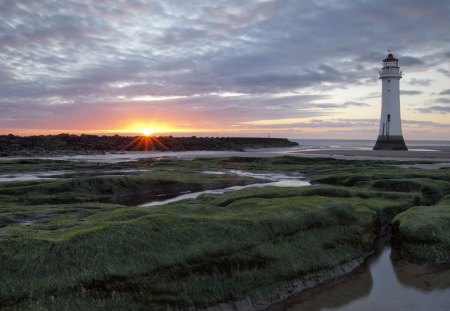 sunset on a lighthouse past a marsh - march, beach, lighthouse, sunset, grass