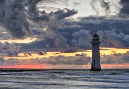 magnificent sky over lighthouse - sky, lighthouse, clouds, sunset, sea, waves