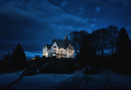 wonderful mysterious mansion hdr - hill, trees, frost, night, mansion, hdr