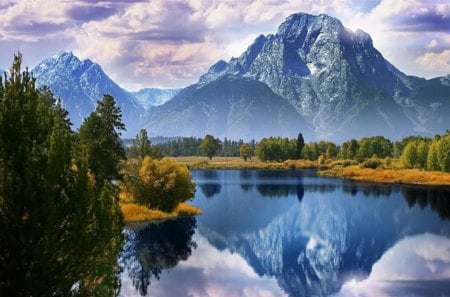 Beautiful Mountain Reflection - sky, lake, landscape, trees, water, mountains, nature, reflection, clouds