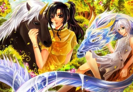 Pegasus and Dragon - girls, anime, dragon, pegasus