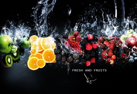 Fruits - water, food, drops, splash, fruits