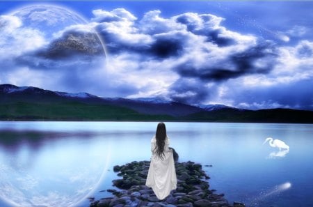 Lakeside Dreams - lake, fantasy, blue, clouds