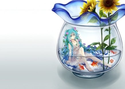 Miku in the Bowl - anime, vocaloid, female, gold fish, hatsune miku, long hair, sunflower, bowl, plain, anime girl, water, twintails, hot, girl, simple, wet, flower, white, miku, cute, hatsune, floral, sexy, fish, vocaloids