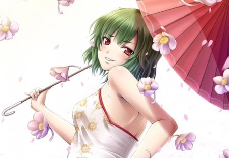 Kazami Yuuka - pretty, anime, female, blossom, green hair, happy, short hair, oriental, umbrella, touhou, plain, nice, kazami yuuka, anime girl, hot, girl, chinese, simple, lovely, sweet, flower, petals, smile, white, cute, floral, sexy