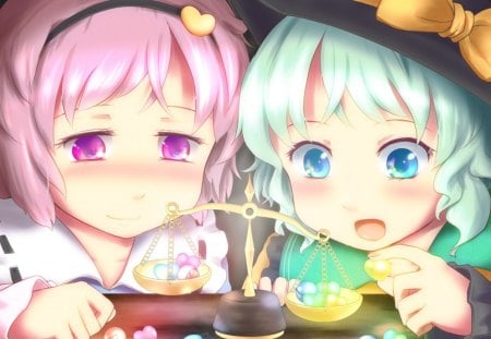 Weighing In - anime, kawaii, female, green hair, light, pink eyes, short hair, touhou, pink hair, blue eyes, anime girl, girl, glow, weight, scale, cute, marble