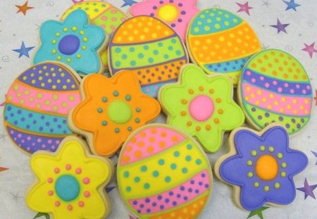 âœ¿ Easter cookies âœ¿ - love, polka dots, stars, colorful, easter, wonderful, cookies, eggs, joyful, forever, treats, yellow, pink, blue, green, flowers