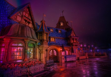 Beautiful place - purple, beautiful, sparkles, night, houses