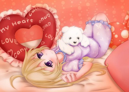 My Heart Chu♡ Love Love♡ Candy Love♡ - anime, heart, female, blonde, blond hair, long hair, bed, blond, teddy bear, anime girl, hot, girl, blonde hair, love, bedroom, toy, stuff animal, cute, sexy