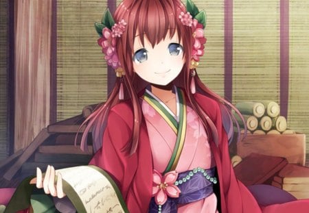 ManuScript - anime, anime girl, female, kawaii, girl, kimono, lovely, brown hair, long hair, yukata, sweet, happy, smile, scroll, cute, nice