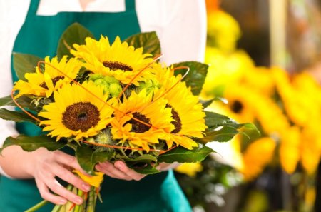 ✿ SunShine for Easter Sunday ✿ - female, yellow, forever, holding, fashion, entertainment, love, brilliant, light, bouquet, sunflower, florist, bright, market