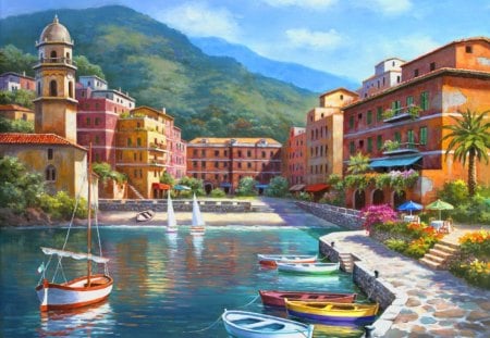 Place for rest - nice, seaside, sky, water, mountains, hotel, vacation, painting, refelction, art, pretty, architecture, paintings, coastal, relax, landscapes, attractions in dreams, lake, boats, mountain, travel, villages, palms, place, lovely, exotic, love four seasons, town, beautiful, rest, destination