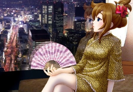 City View - cute, fan, hot, anime girl, girl, oriental, chinese, scenery, view, light, city, scenic, window, brown hair, anime, night, town, long hair, building, reflection, sexy, scene, female, house, cheongsam