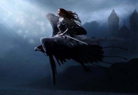 secret in the sky - artistic, women, fantasy, eagle, wings, flying, hair