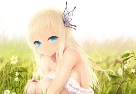 Anime Girl - beauty, girl, blue eyes, anime, blond, grass, cute