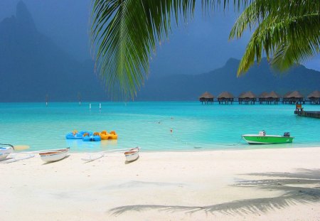 Bora Bora Resort South Polynesia - beach, mountains, mist, volcano, bora bora, lagoon, atoll, sand, water bungalows, ocean, south polynesia, steam, blue, island, fog, south pacific, sea, tahiti