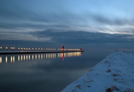 beacons on snowy shore and pier - shore, winter, lighthouses, sea, pier