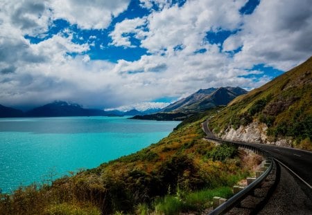 fantastic lakeside highway - highway, lake, mountains, clouds