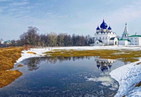 orthodox churches in the town of suzdal russia - winter, pond, trees, churches